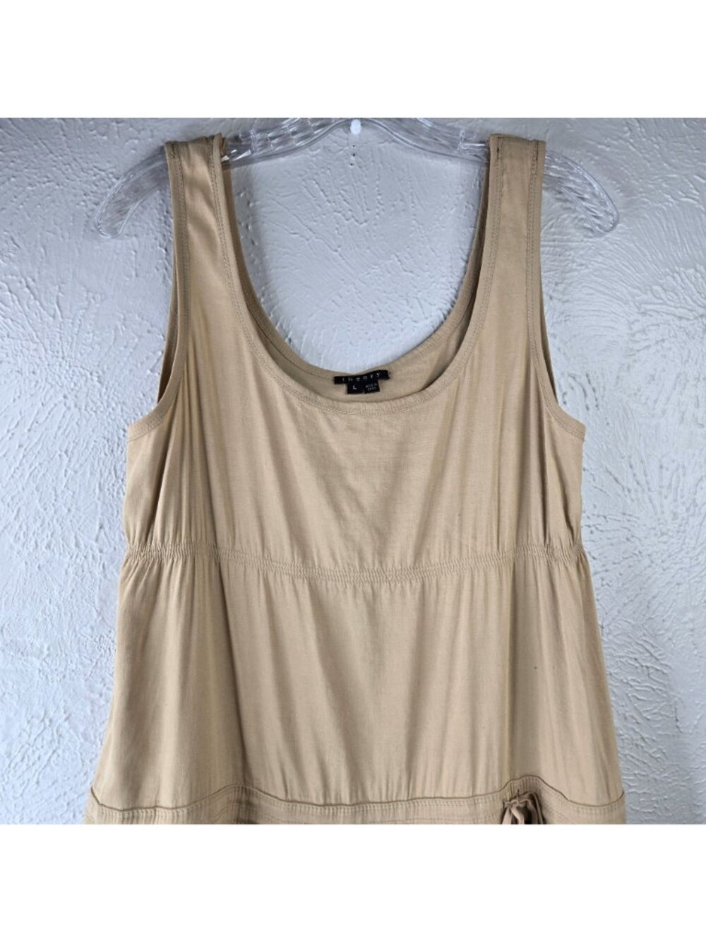 Theory Linen Blend Midi Dress Tan Sleeveless Tiered Cottage Lagenlook Minimalist - Picture 4 of 13